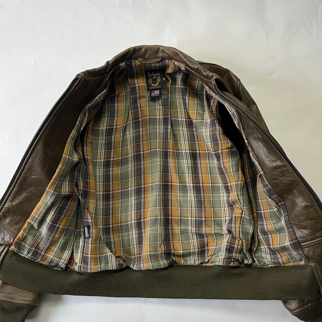 usa製 ショット レザージャケット 牛革 チェック 裏地 ブラウン 茶色 M