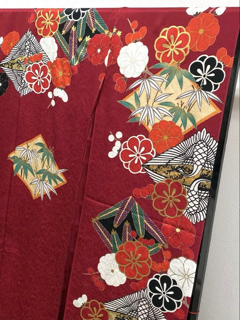 振袖 仮絵羽 舞台衣装 金駒 金彩 紋意匠 松竹梅に鶴 正絹 未仕立て品 八掛付