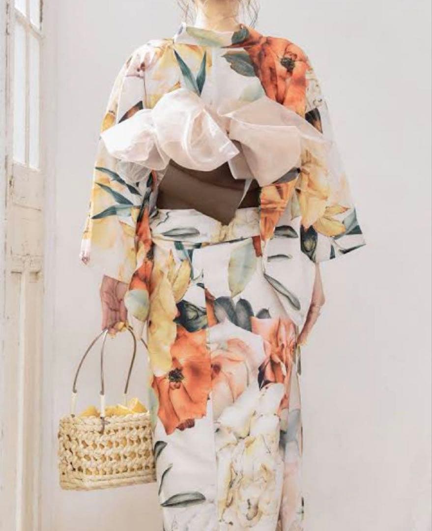 Sugarフラワー黄色浴衣 帯、下駄付き