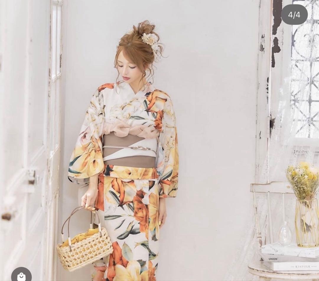 Sugarフラワー黄色浴衣 帯、下駄付き