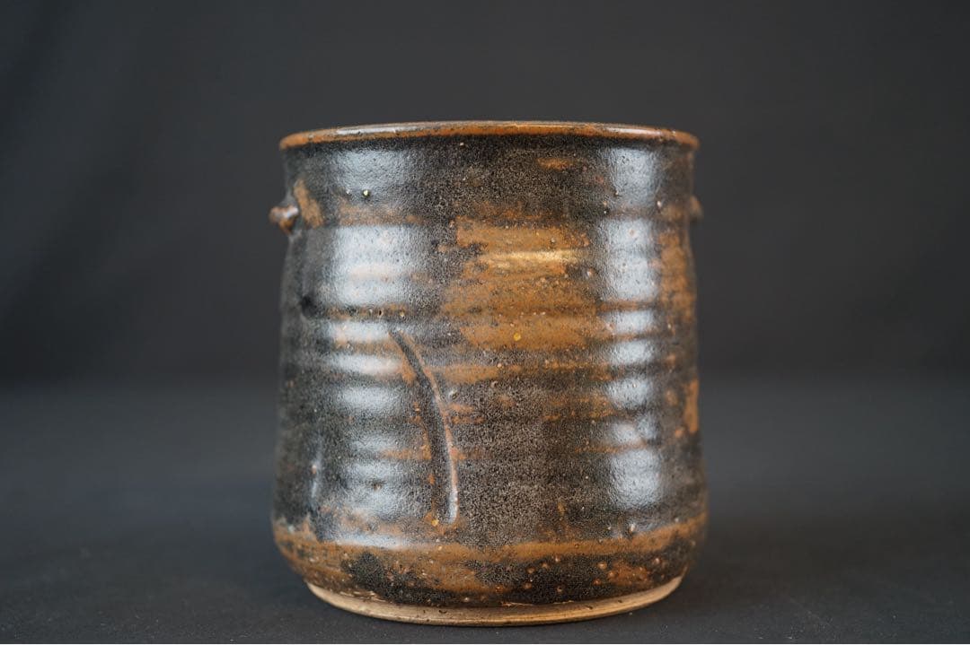 祖母懐 古瀬戸釉 一重口耳付水指 紫野歓渓 書付 共箱 茶道具