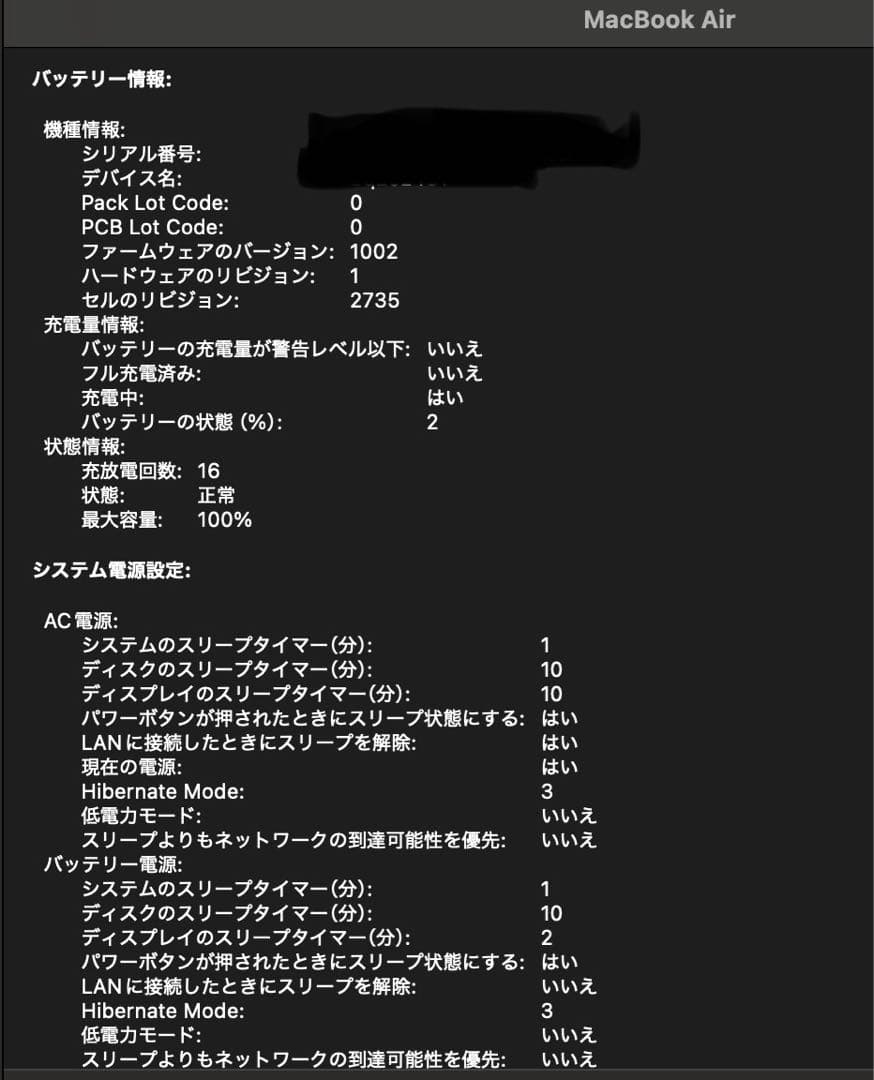 MacBook Air M1チップ 256GB 13.3インチ 電池容量100%