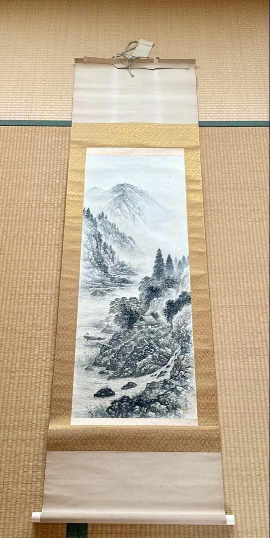 箱付き 水墨山水 掛軸 茶道具 和室 茶室 工芸品 アンティーク 書 日本