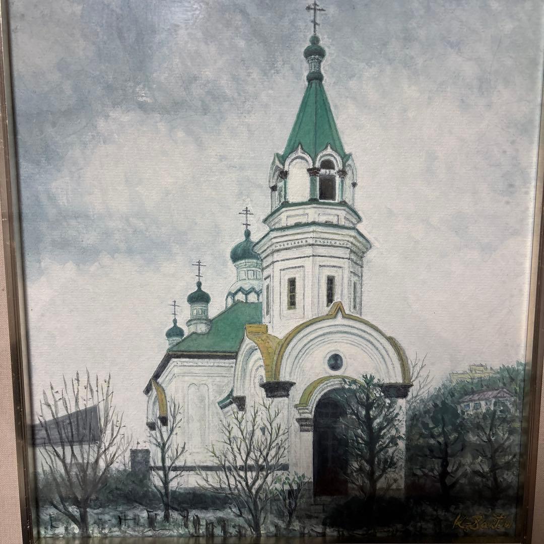 [作者不詳] ￼水彩・ガッシュ併用画　「函館ハリストス正教会」　額装原画　風景画