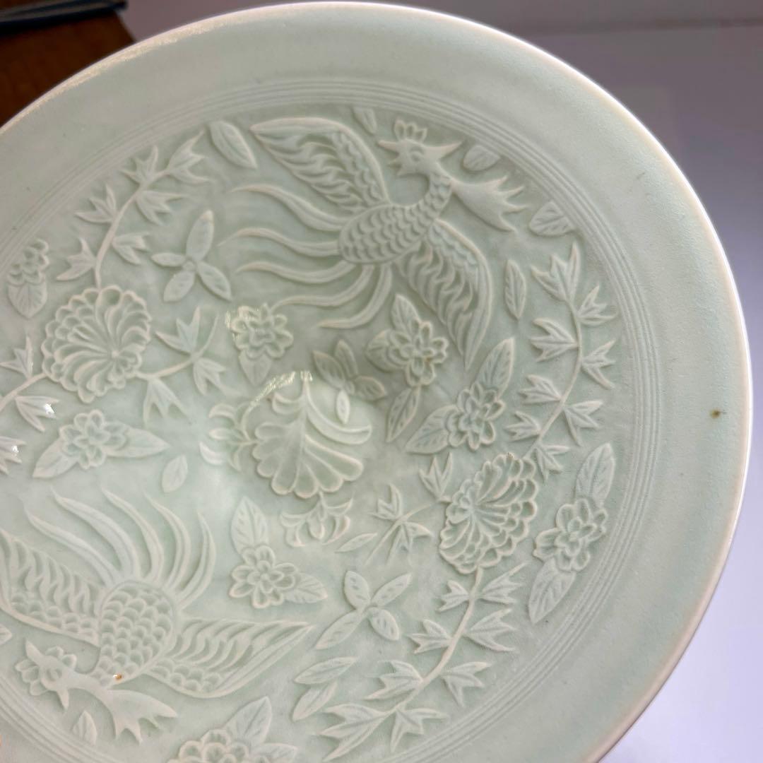 中国清朝時代　陽刻鳳凰文影青鉢　木箱　20.2㎝　東Y7-0702⭐︎2Fトコエサ