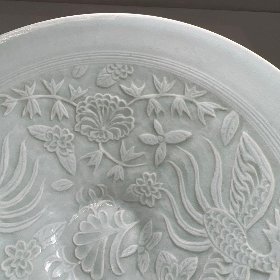 中国清朝時代　陽刻鳳凰文影青鉢　木箱　20.2㎝　東Y7-0702⭐︎2Fトコエサ