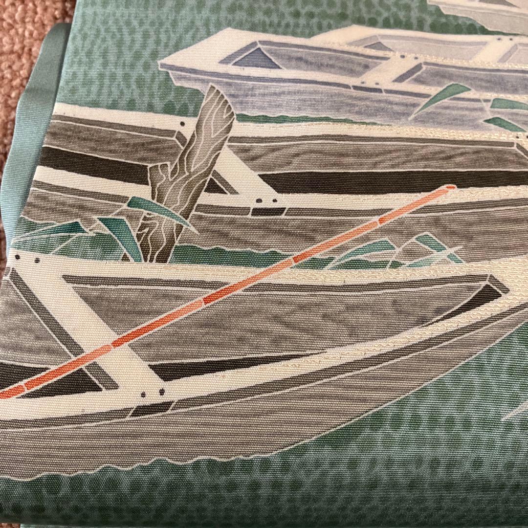 ①塩瀬　9寸名古屋帯　坂井教人　青磁色に舟