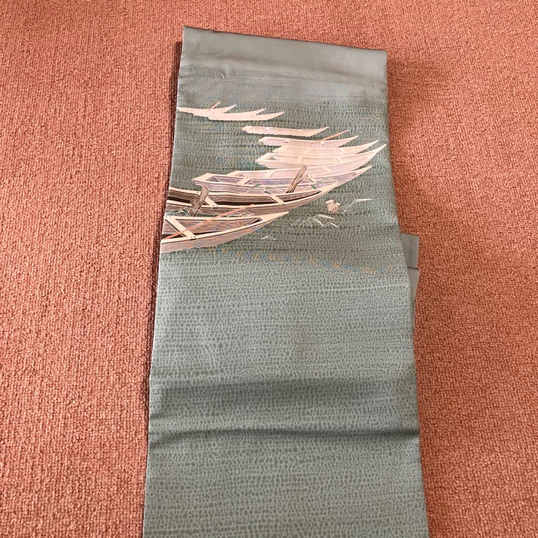 ①塩瀬　9寸名古屋帯　坂井教人　青磁色に舟