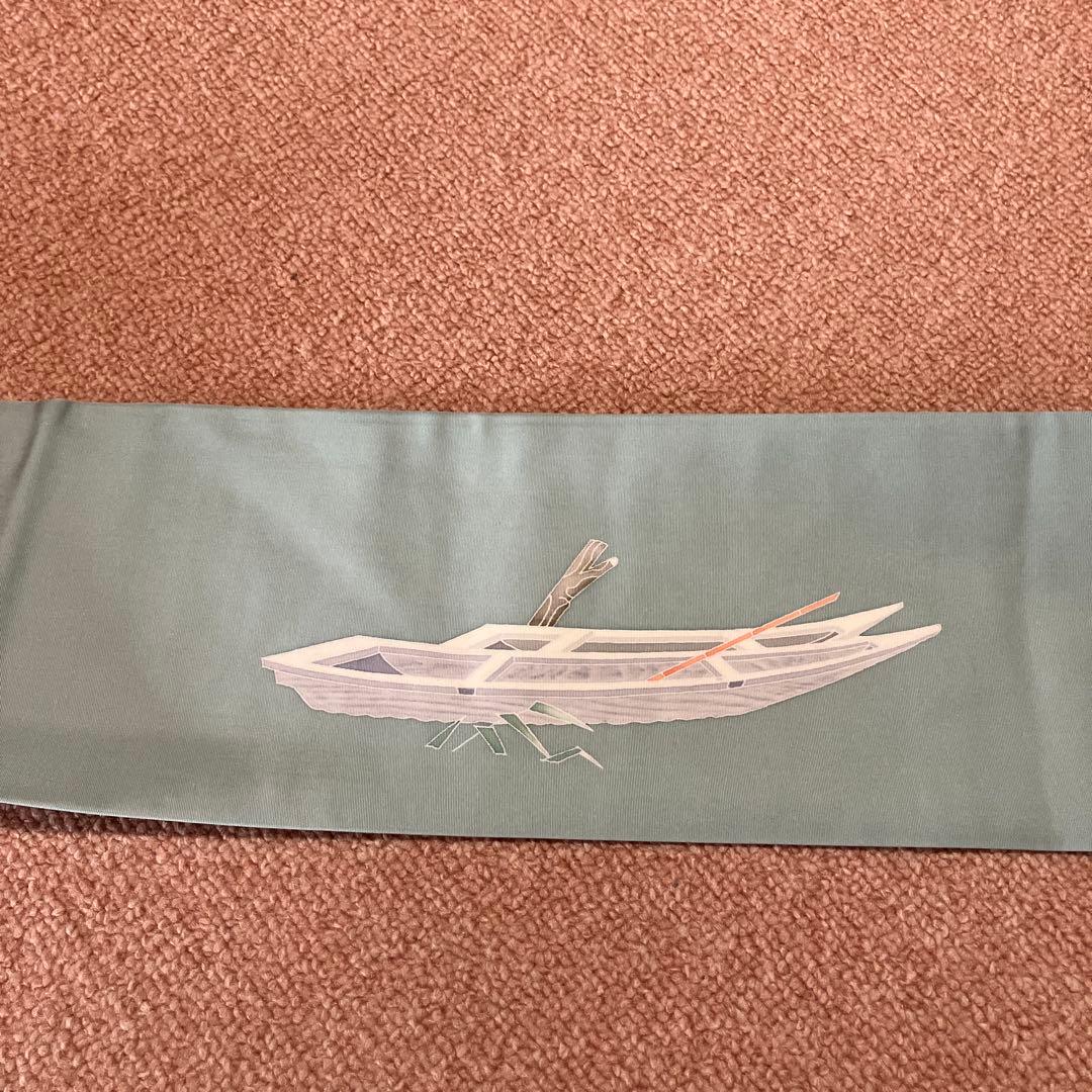 ①塩瀬　9寸名古屋帯　坂井教人　青磁色に舟