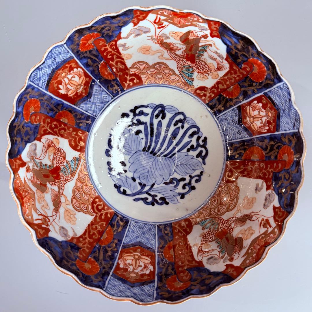 古伊万里　大聖寺伊万里　染錦三方龍仙人菊花型鉢　三ツ鉢揃い　黄仁覧図　特上品