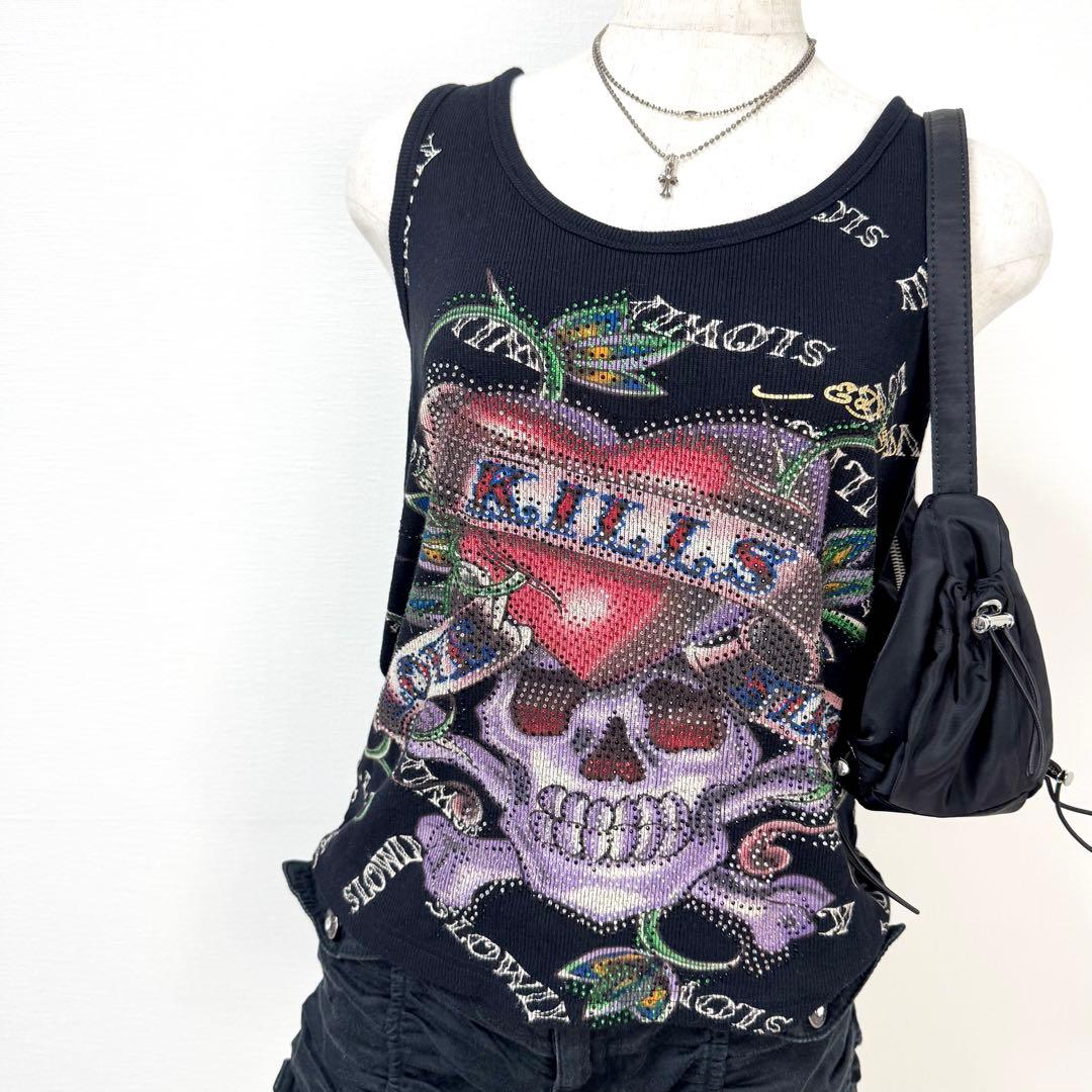 y2k❤️00s Ed Hardy ラブキル スカルロゴ ラインストーン トップス