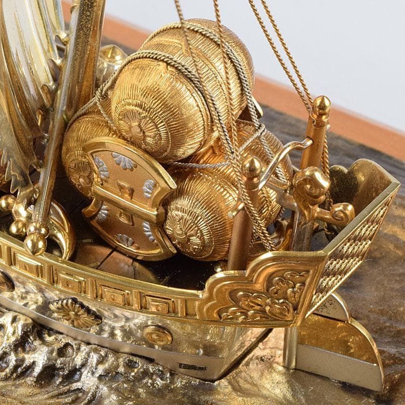 豊秀作　銀製　宝船　置物　ガラスケース　D　R9193B