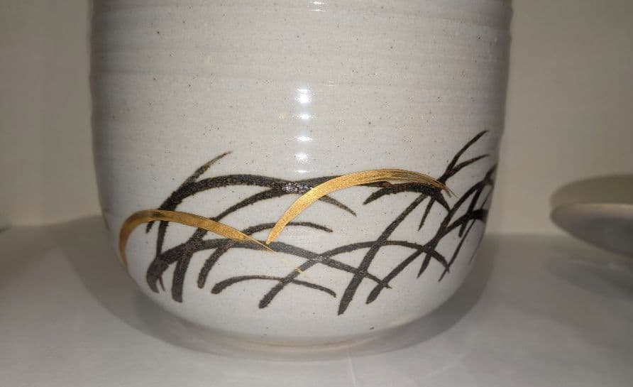 『陽炎園』月に雁絵　耳付き水指　細水指　膳所焼　茶道具　共箱共布　秋月見