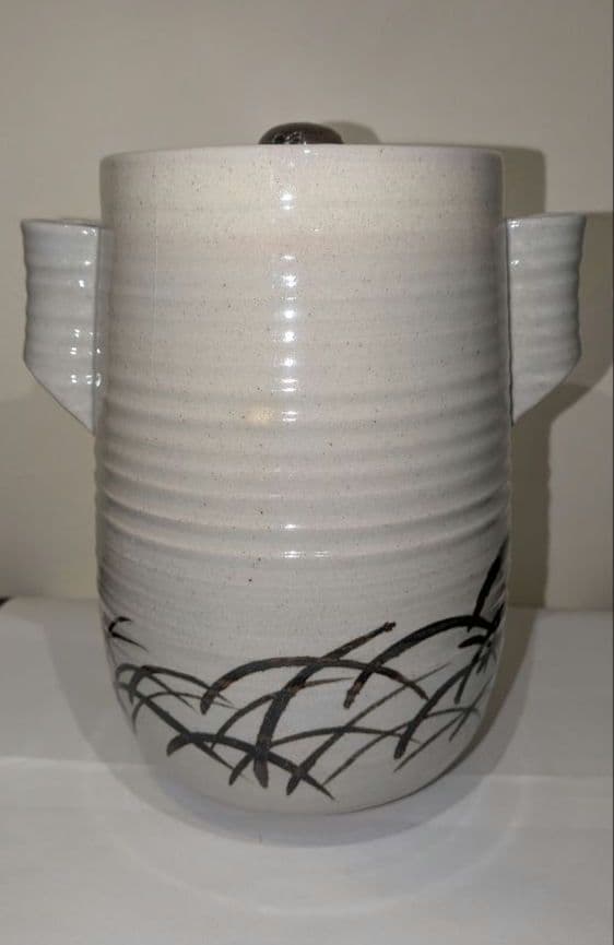 『陽炎園』月に雁絵　耳付き水指　細水指　膳所焼　茶道具　共箱共布　秋月見