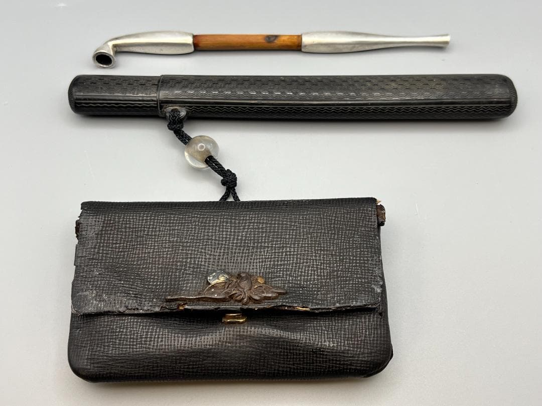 江戸明治時代　月と動物鉄金具　水晶玉根〆　純銀製キセル　重量約125g