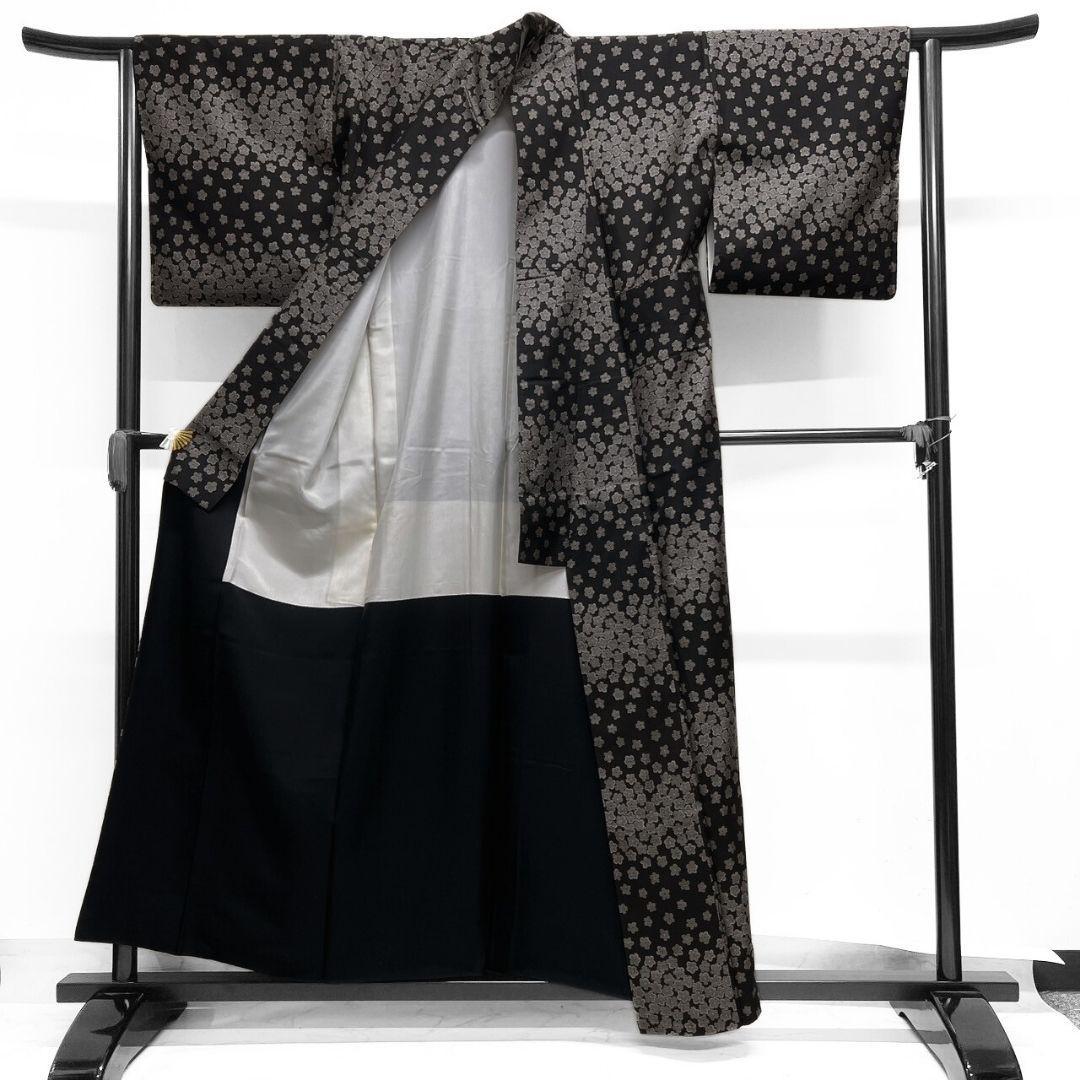 小紋　大島紬　泥染　横縞　花模様　ブラウン　着物　053a p