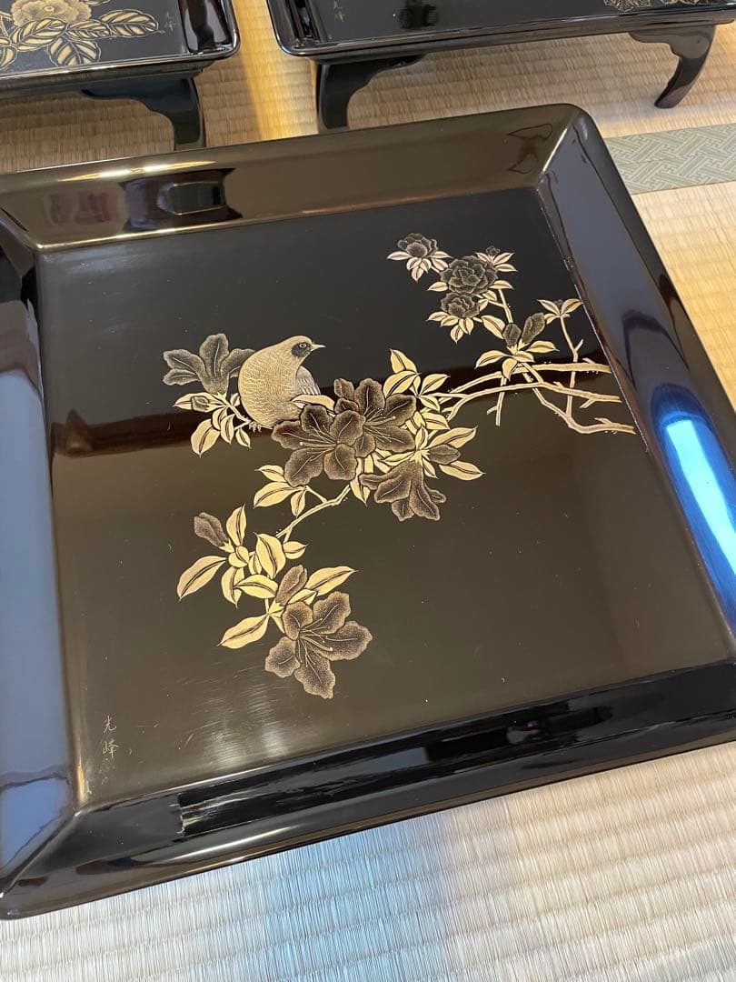 5点セット　脚付膳　お膳台　漆塗り　金　蒔絵　鳥　鷹　鶯　花　紅葉　もみじ　瓢箪