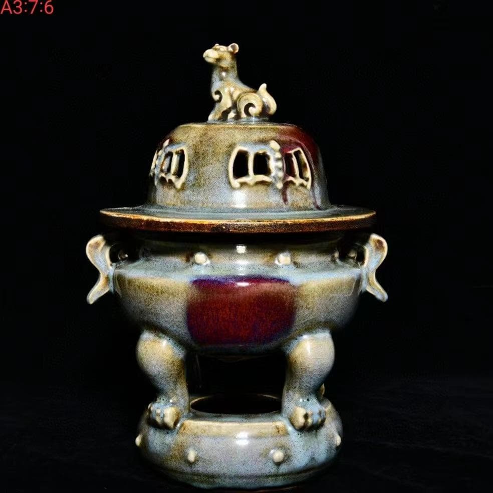 中国古美術・旧蔵の磁器、曜変釉と鎏金で口と双耳香炉・20x28cm・茶道具・置物