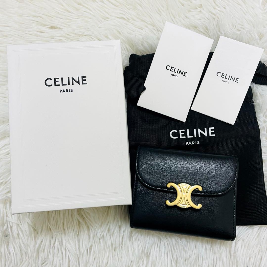 極美✨付属完備✨セリーヌ 三つ折り財布 トリオンフ レザー ブラック