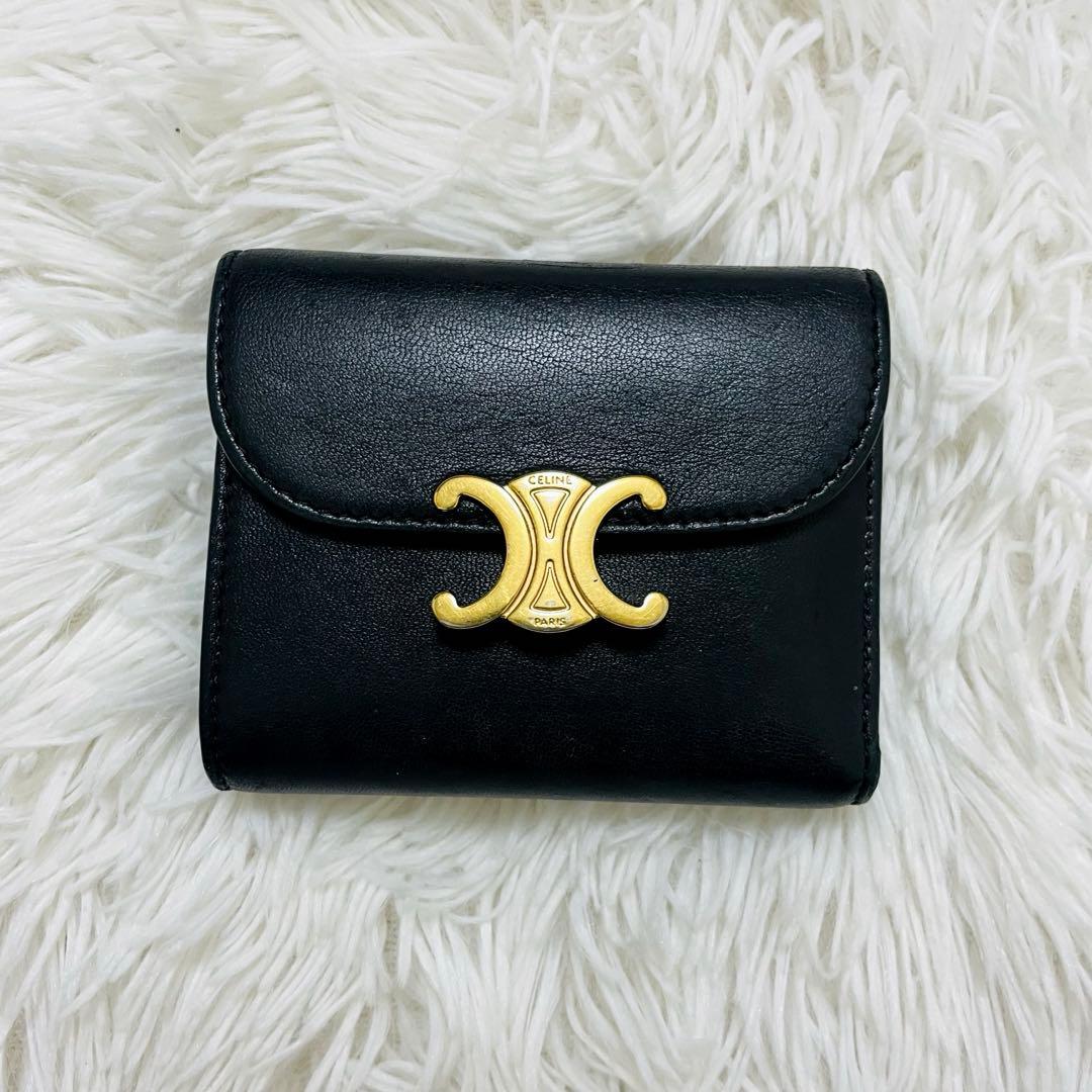 極美✨付属完備✨セリーヌ 三つ折り財布 トリオンフ レザー ブラック