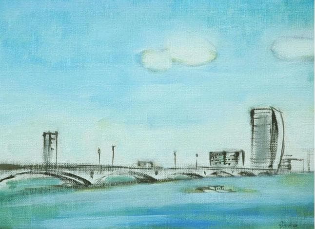 油絵 菅家令子 絵画インテリア額付(青緑＋金色の枠)F4-090114風景万代橋
