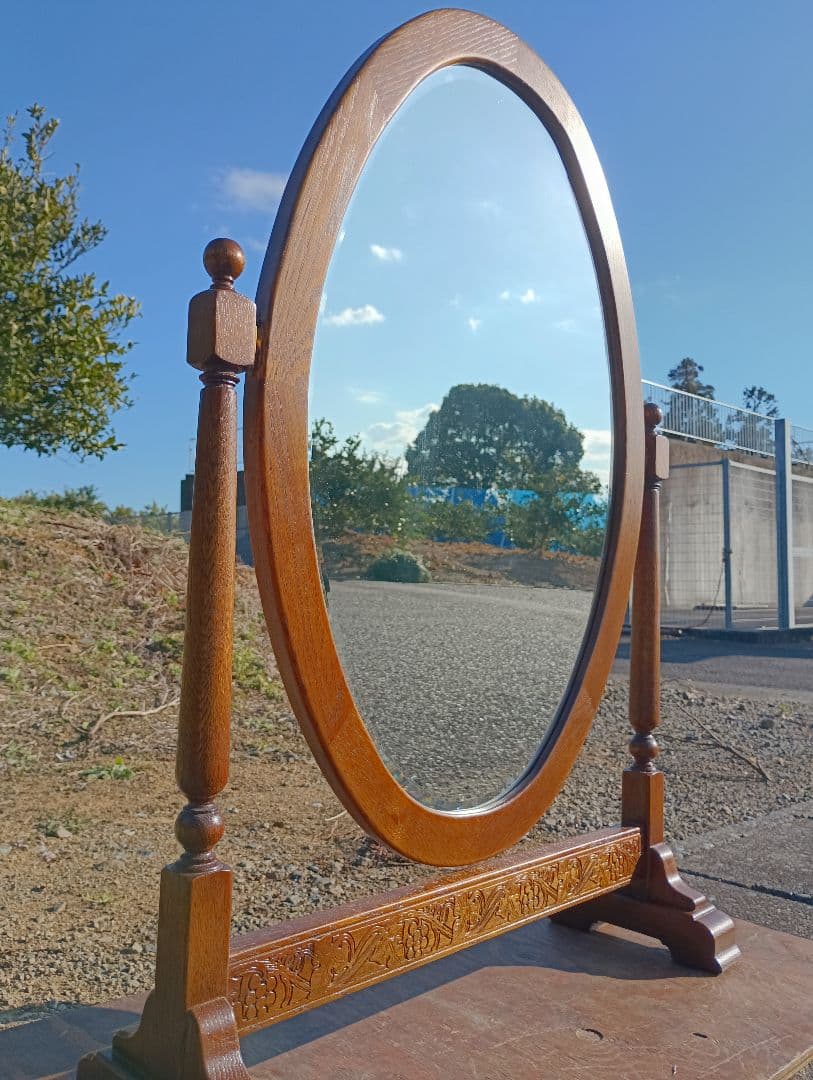 ヴィンテージ　イギリス　姿見　大型　オーバル　手彫り　オーク　スタンド　ミラー