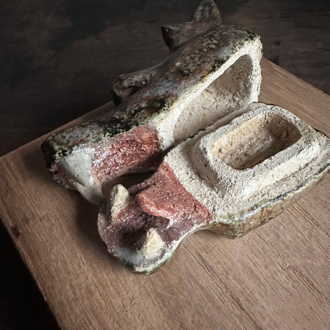 【珍品】美濃焼 織部焼 香道具 龍の頭型香合  龍頭香合 陶印あり 骨董