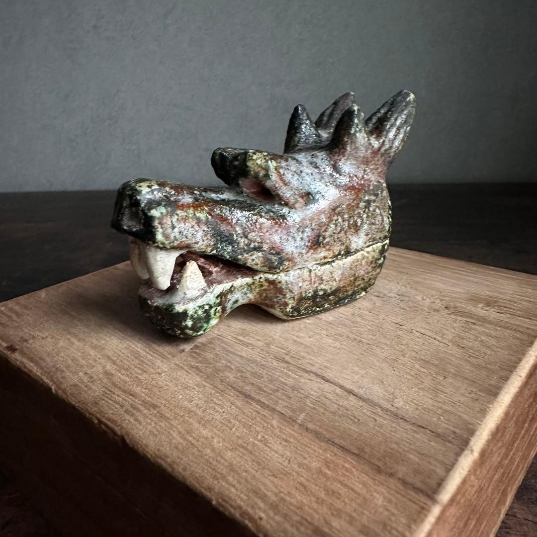 【珍品】美濃焼 織部焼 香道具 龍の頭型香合  龍頭香合 陶印あり 骨董