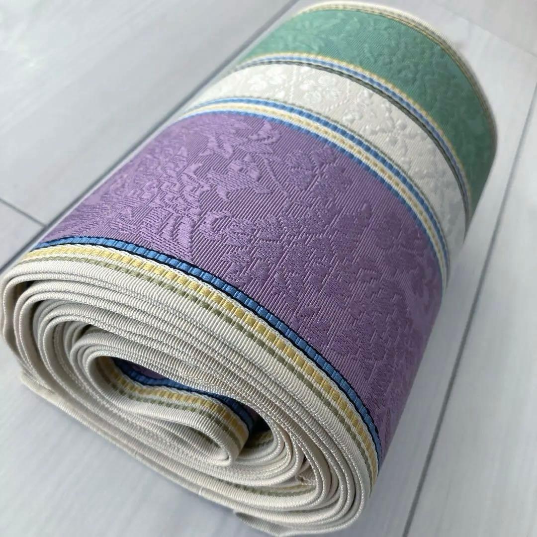 本場筑前博多織　半幅帯　織り出し　花唐草模様　縞模様　正絹　ポケット付No.45