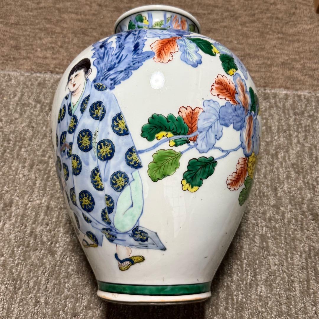 九谷 染付 色絵 仙人細密絵付花瓶 壷 古美術品(花器花入)