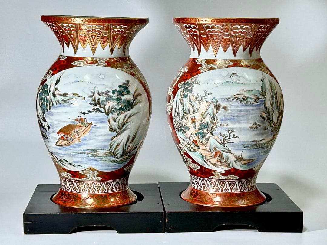 明治九谷 松本佐平 松雲堂 赤絵金彩梅鶯文虎渓三笑図花瓶一対 九谷焼 九谷