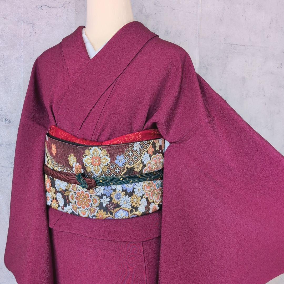 色無地　着物　フルセット　正絹　マゼンタ　赤紫　しつけ糸　O10