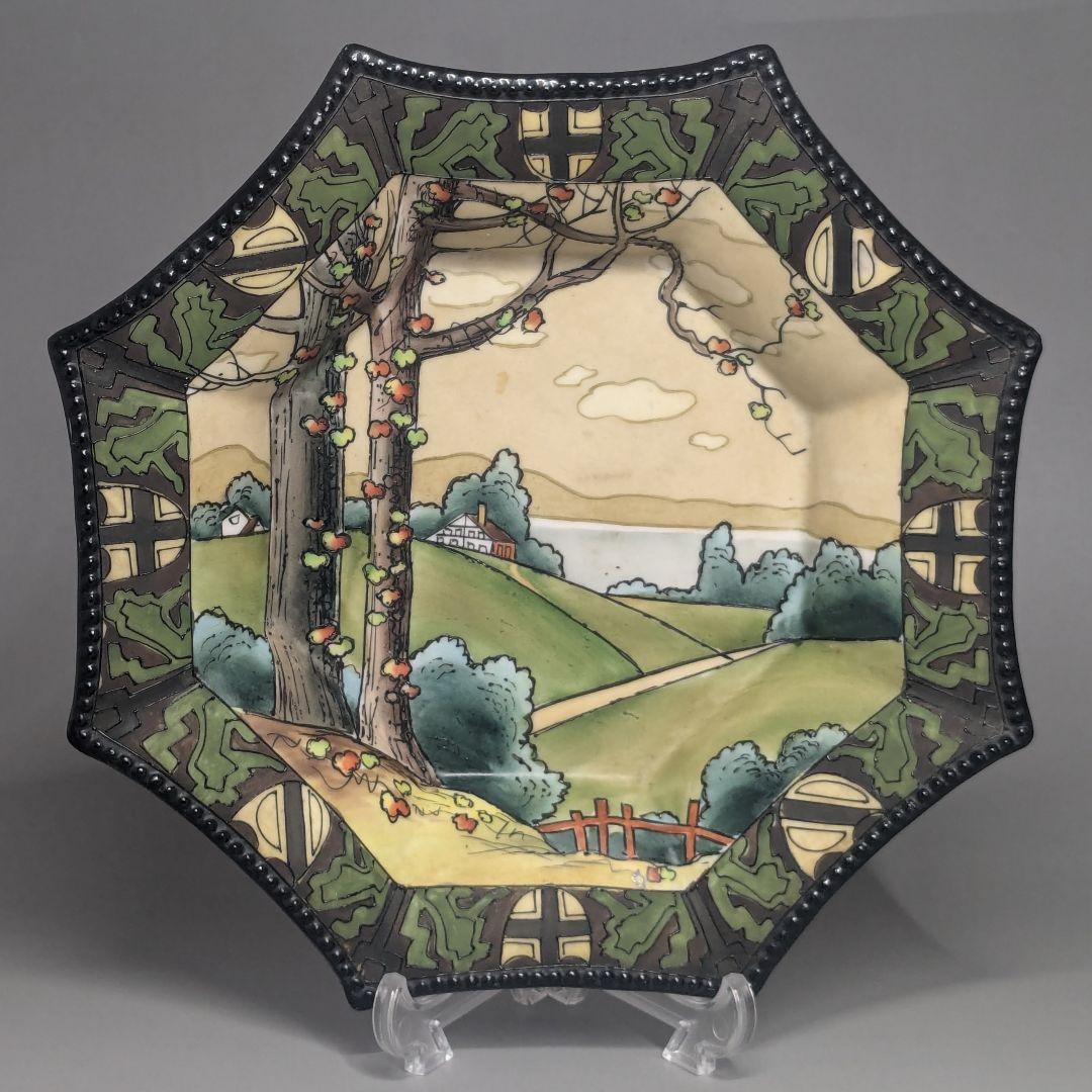 初期オールドノリタケ・一陳盛上ウッドランド風景紋図飾り皿　ヘキサゴン　鉢　ボウル