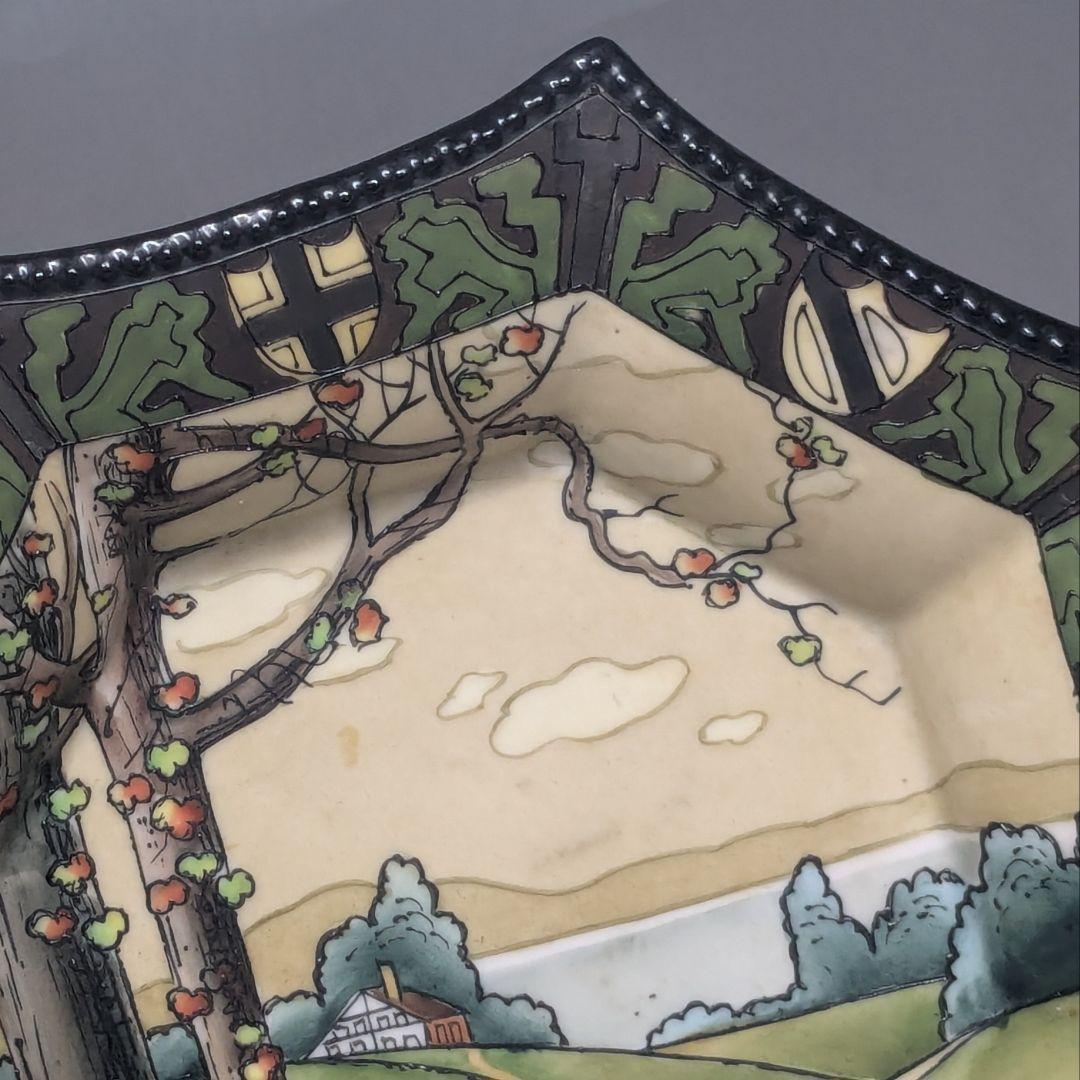 初期オールドノリタケ・一陳盛上ウッドランド風景紋図飾り皿　ヘキサゴン　鉢　ボウル