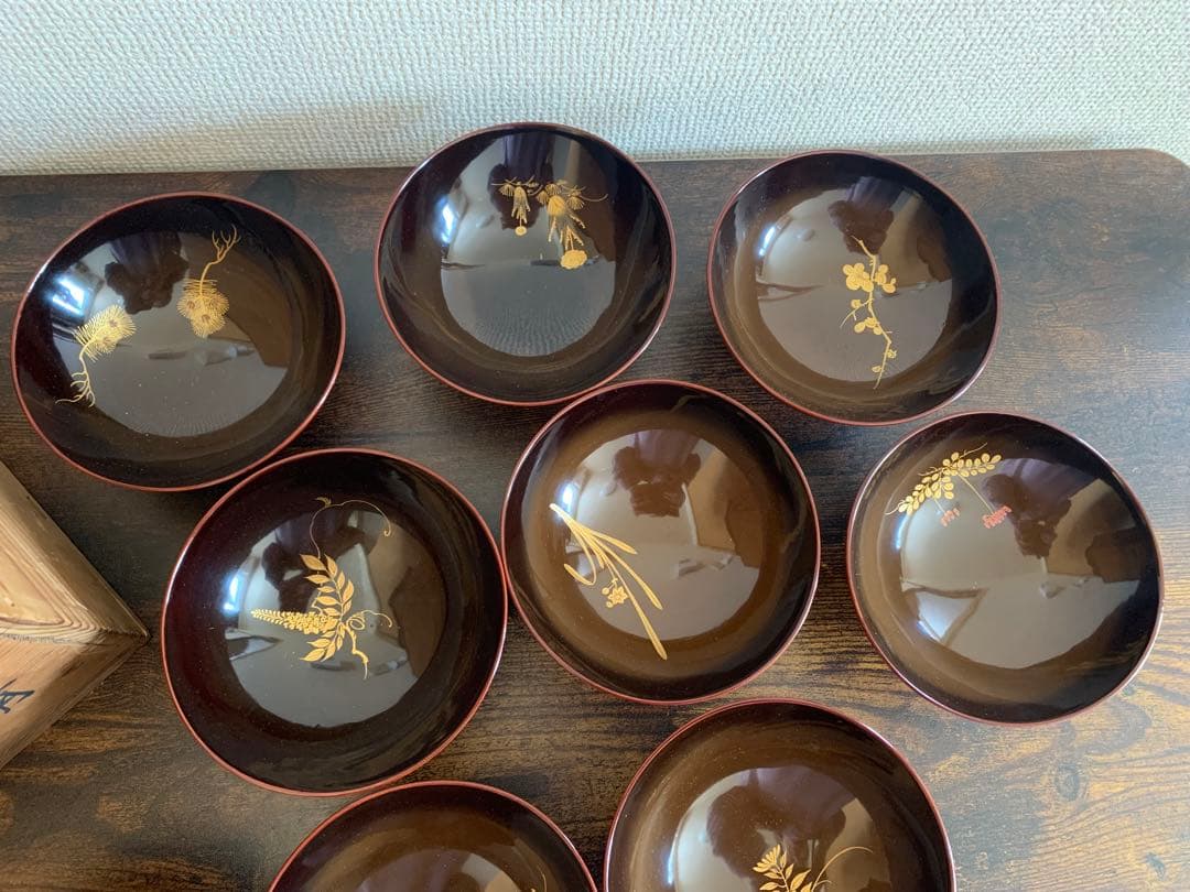 嘉永6年　見返し沈金蒔絵木製吸物椀10客　骨董品　絵がわり椀　汁椀　お椀　珍品
