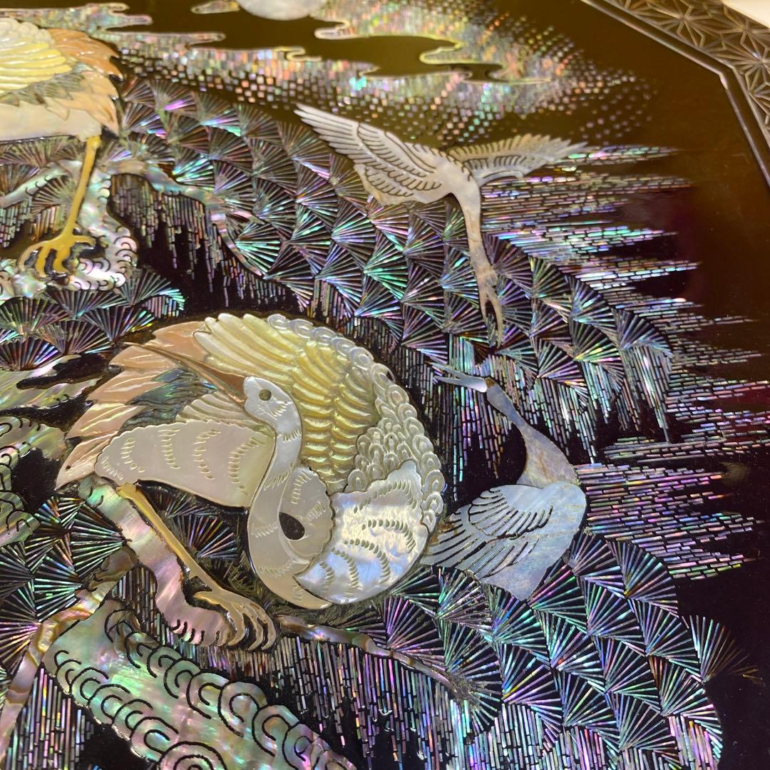 螺鈿細工，八角形 漆器 菓子器 鶴と松のデザイン