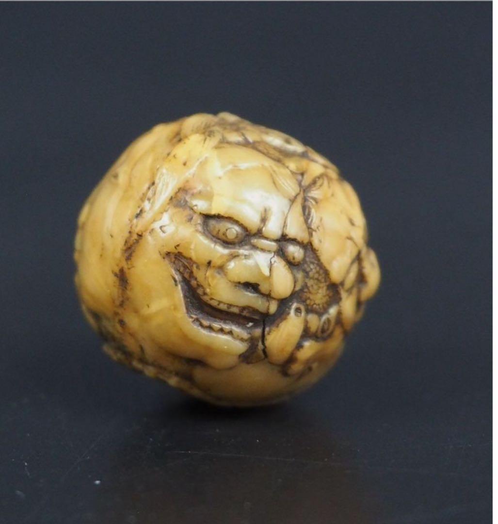 送料無料　江戸時代　鬼面細密彫　緒締玉　　径1.8cm 重4g検/提げ物緒締玉根