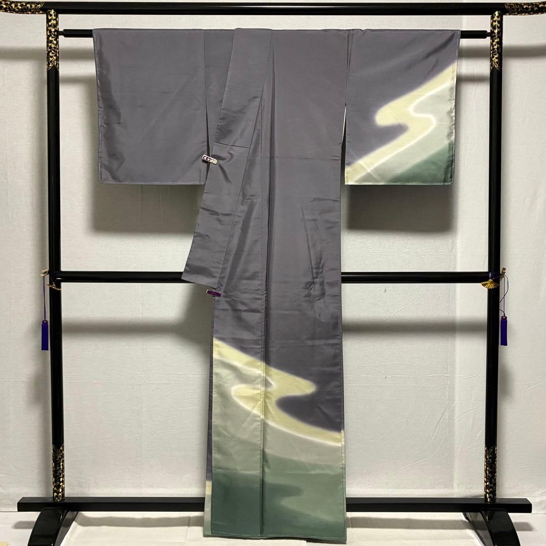 D37 訪問着 白山紬 落款入 流水 正絹 着物 袷 しつけ糸未使用極美品