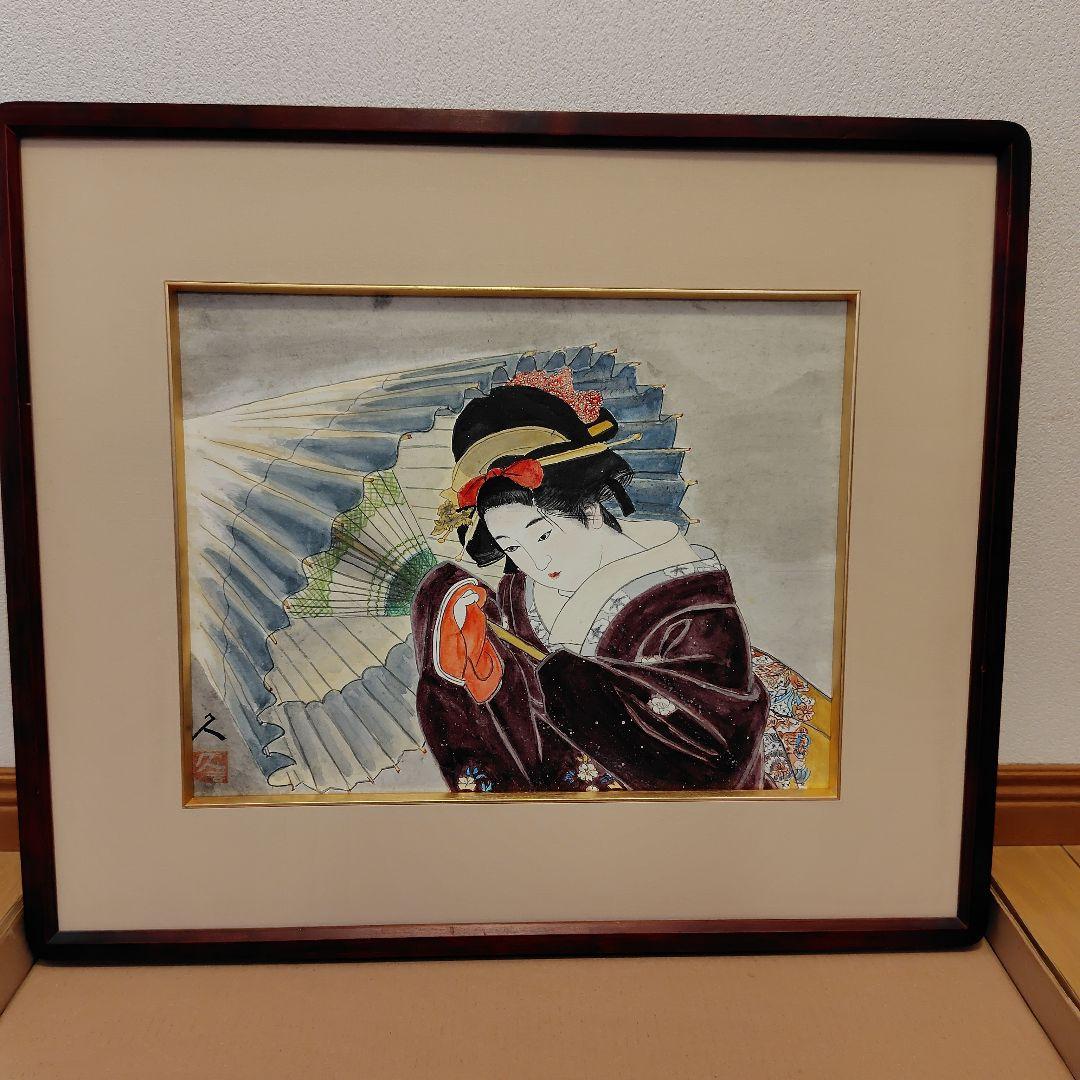 日本画　傘を差す女性画　額縁【銘入り】