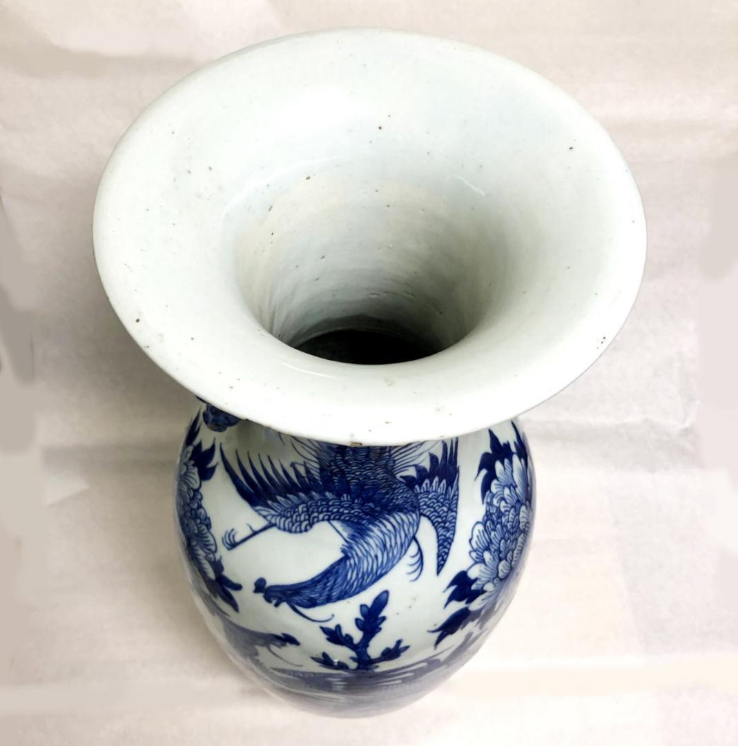 清時代中期 古染付 牡丹花鳥紋様 磁器大花瓶 文物商店蝋印鑑定 WWTT199