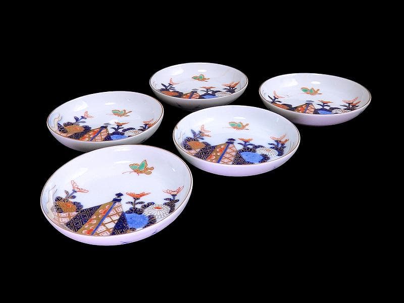 古伊万里　色絵　蝶に菊の図　４寸皿　５枚　C109AS-DAe