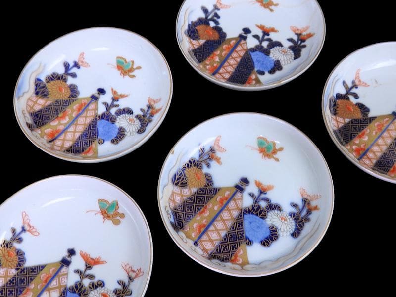 古伊万里　色絵　蝶に菊の図　４寸皿　５枚　C109AS-DAe