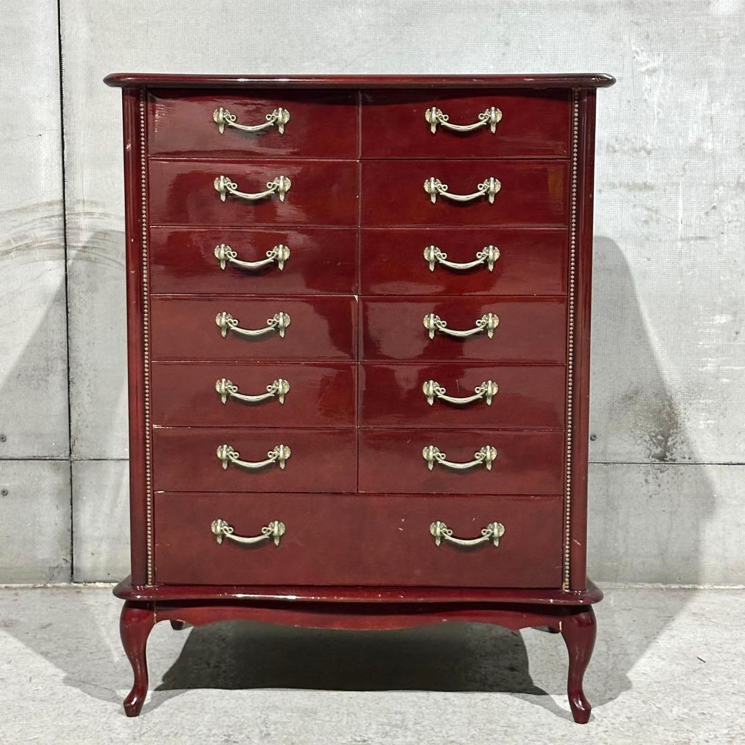 ꧁輸入家具꧂アンティーク調 7段チェスト ワインレッド 猫脚 クラシック収納