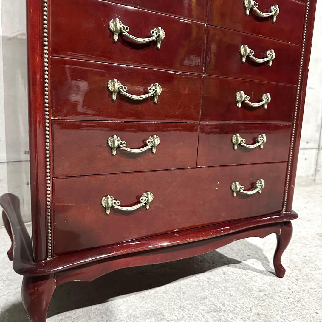 ꧁輸入家具꧂アンティーク調 7段チェスト ワインレッド 猫脚 クラシック収納