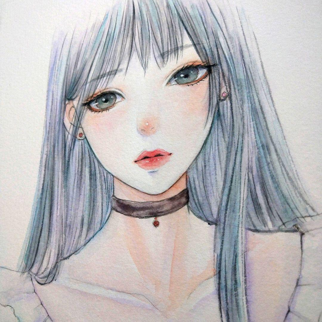 手描きイラスト　美人画　オリジナル　水彩画