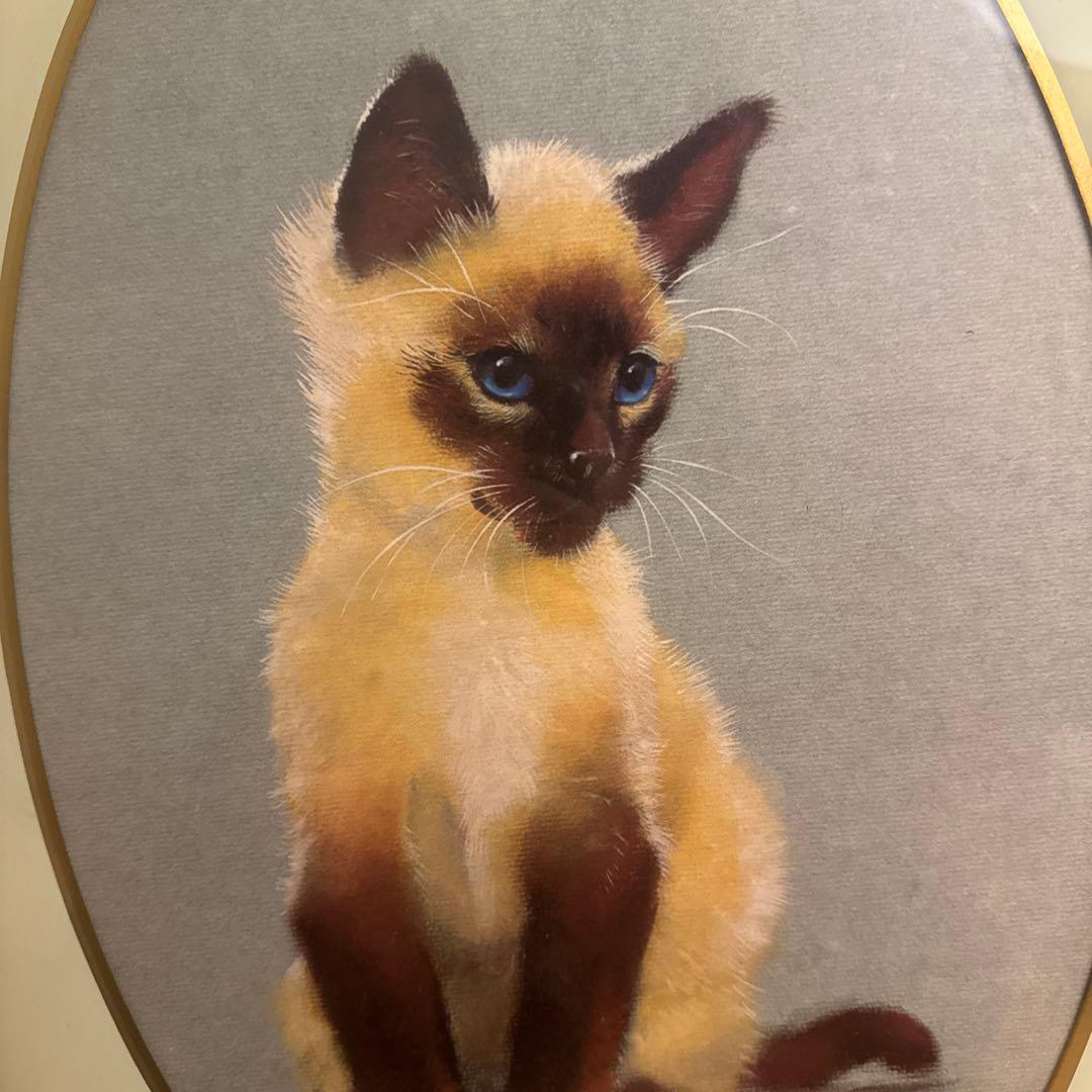猫 絵画 楕円 フレーム ヴィンテージ