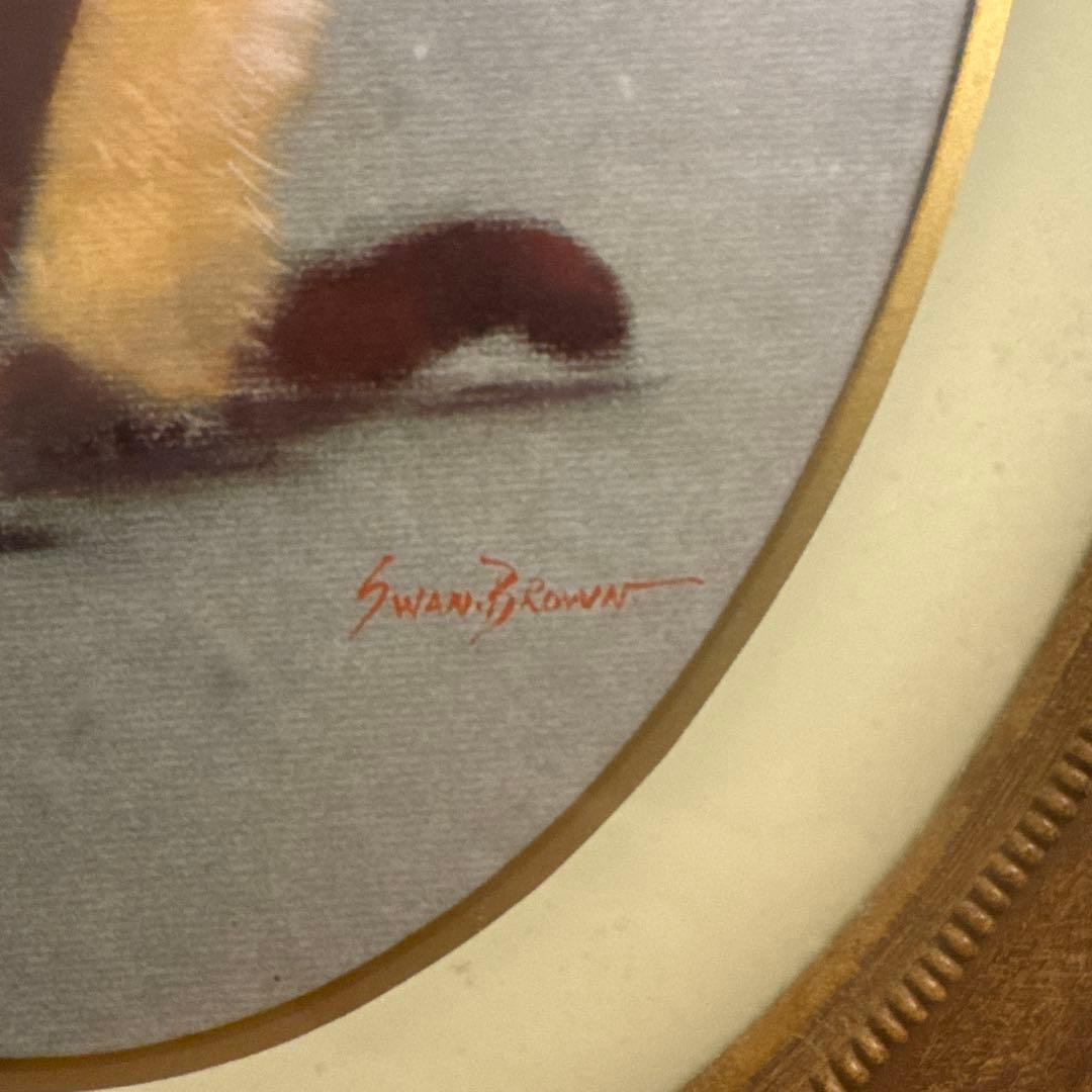 猫 絵画 楕円 フレーム ヴィンテージ