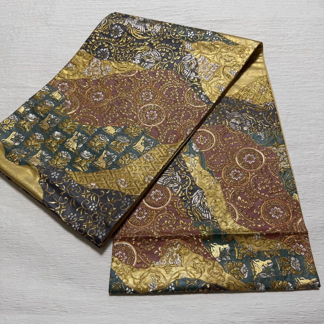 m-92 総刺繍　金駒刺繍　蘇州刺繍 鳥 花兎 金糸 袋帯 正絹