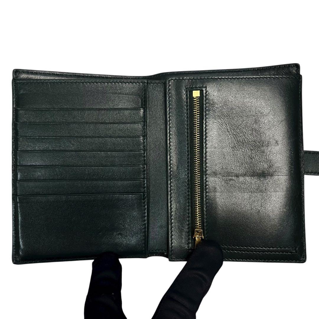 レア✨セリーヌ ストラップウォレット ロゴ刻印 レザー グリーン 緑 財布