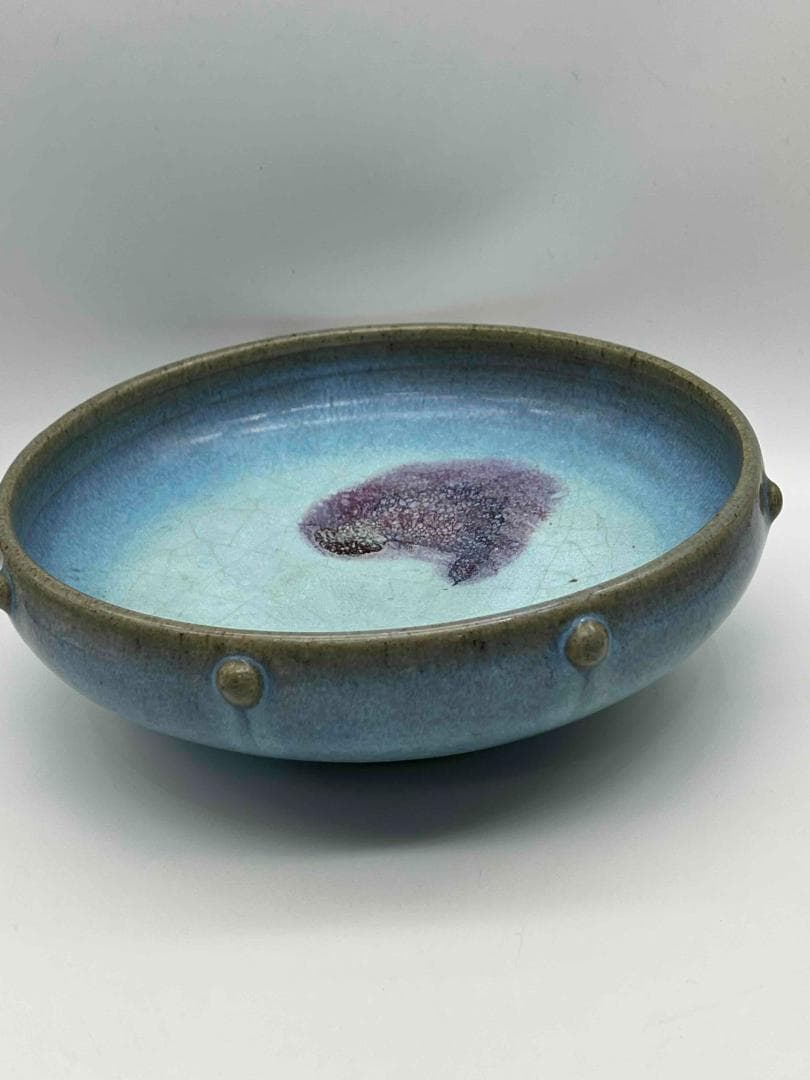 宋から元時代　鈞窯　澱青月白釉紫斑 鼓釘鈕洗 水丞 【旧家蔵出し】(B-92)